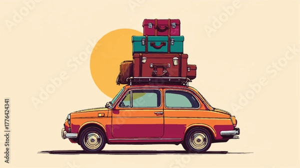 Obraz Vintage Orange Car Loaded with Luggage Ready for a Road Trip Adventure against a Mellow Yellow Background Evoking Wanderlust and Nostalgia