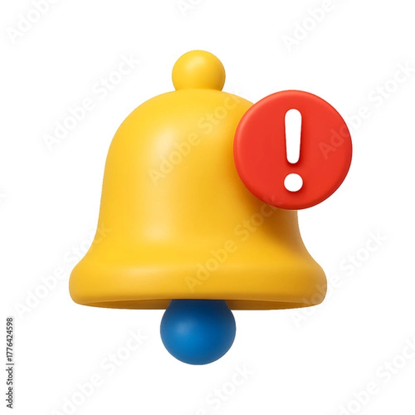 Obraz A bright yellow bell with a blue clapper and a red notification bubble with a white exclamation mark is shown 3D isolated on a transparent background