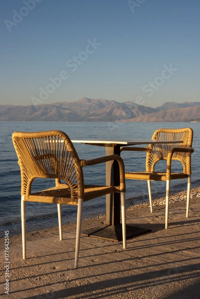 Obraz Empty restaurant terrace with seaview, Greece