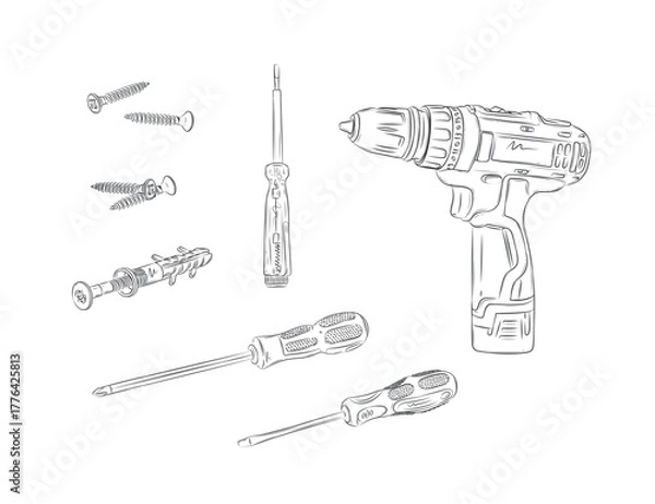 Obraz Construction tools set composition cordless drill, screwdriver, screw drawing in graphic style on white background