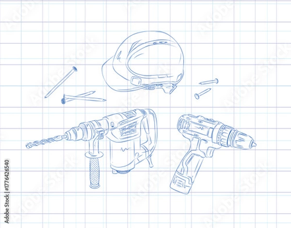 Fototapeta Powerful rotary hammer and regular drill set drawing in graphic style on light background