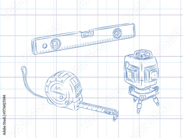 Obraz Measurable tools set roulette construction and laser level drawing in graphic style on light background