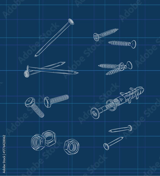 Obraz Screws, bolt, nut, wall plug and rivets set drawing in graphic style on blue background