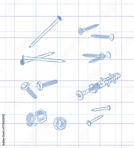 Obraz Screws, bolt, nut, wall plug and rivets set drawing in graphic style on light background