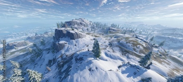 Fototapeta Aerial view snow mountain landscape. Game background scene. Generative AI technology.	
