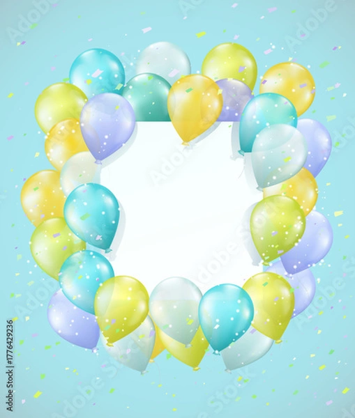 Fototapeta Colorful festive background with glossy balloons and confetti forming a frame on a light blue backdrop. Celebration template with copy space for greeting cards, invitations, and party announcements.