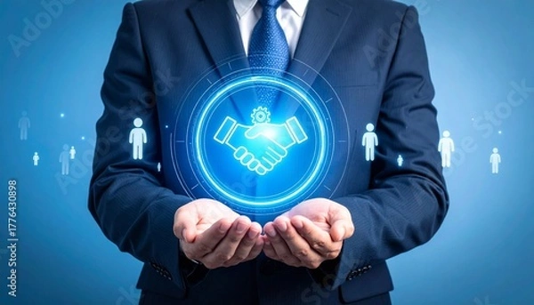 Obraz Businessman presenting handshake icon, symbolizing partnership, collaboration, and agreement, ideal for business concepts