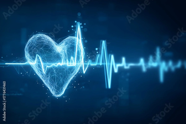 Fototapeta A glowing heart symbol with an electrocardiogram line, representing health and medicine in a digital style.