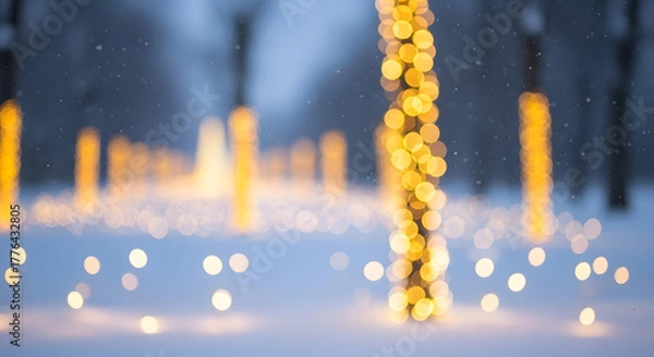 Fototapeta Winter wonderland christmas scene with illuminated pine trees and twinkling fairy lights decorations.