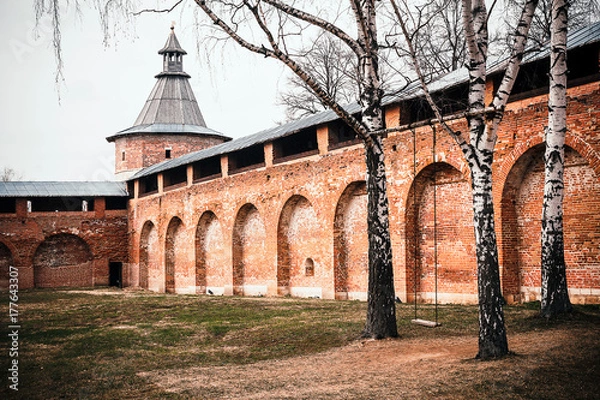 Obraz wooden rope  swing on a birch in the courtyard of the stone zaraysky Kremlin. Unapproachable fortress monastery Russia