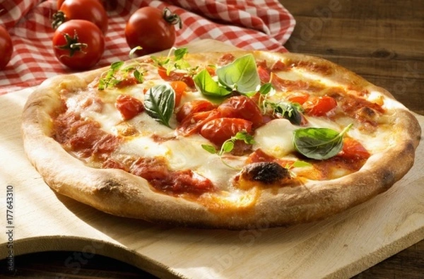 Obraz Domowa margherita do pizzy ze świeżymi pomidorami, mozzarellą i bazylią