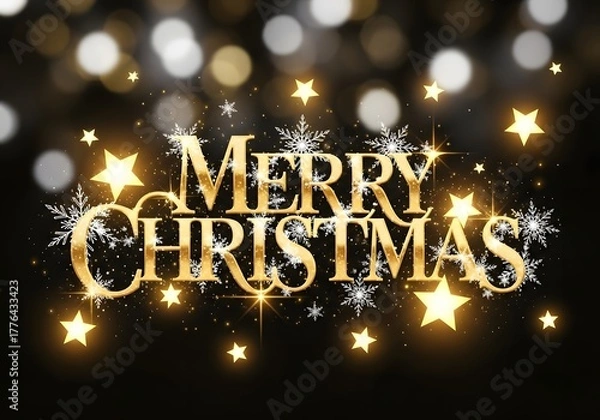 Obraz Festive golden text wishing Merry Christmas against a blurred background of sparkling lights