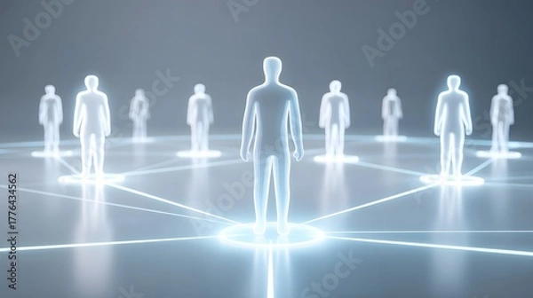 Fototapeta Abstract digital representation of interconnected human like figures glowing with light and linked by lines illustrating a futuristic concept of social networks and global communication