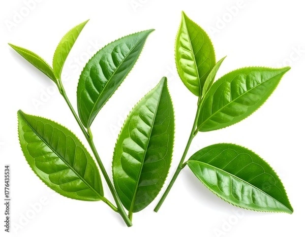 Obraz Bright green tea leaves and stems scattered on a plain white background