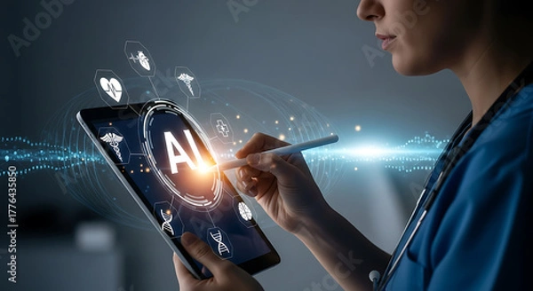 Obraz AI in Healthcare Diagnosis: A medical professional uses a tablet displaying AI interface with medical icons.