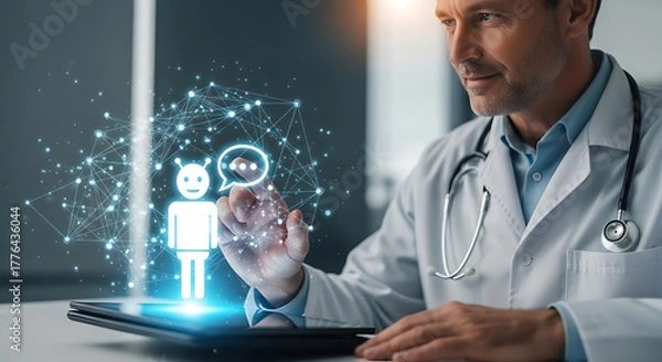 Fototapeta Healthcare Professional's Digital Insight: A focused healthcare professional interacts with a digital display, representing patient care and medical innovation with futuristic elements.