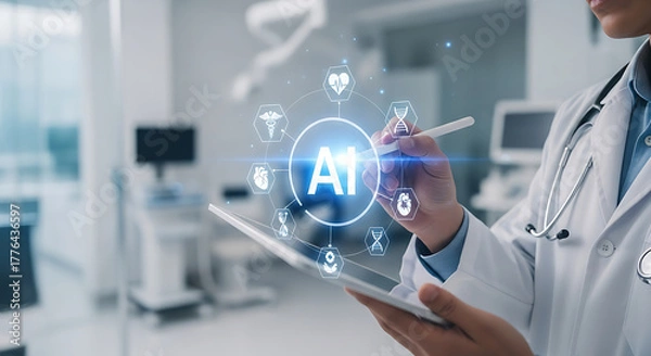 Fototapeta AI in Healthcare: A doctor interacts with an advanced AI interface, the futuristic blend of technology and compassion, in a modern medical setting. The scene portrays innovation.