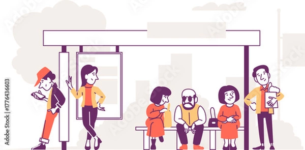 Obraz People waiting at bus stop. Urban lifestyle scene with diverse characters.