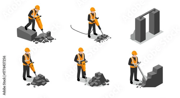 Fototapeta Isometric construction workers using jackhammers on concrete blocks