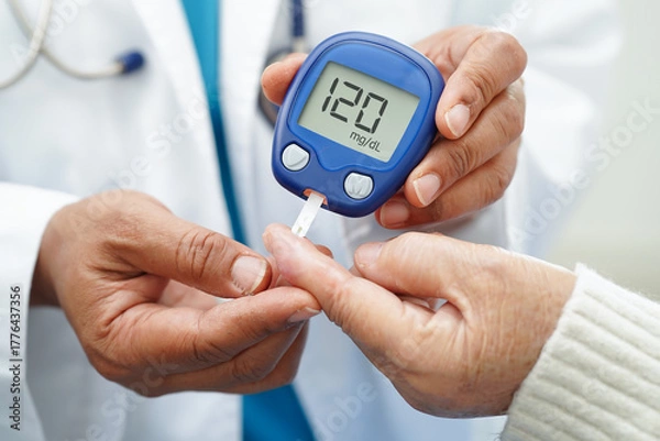 Fototapeta Asian doctor using digital glucose meter for check sample blood sugar level to treatment diabetes.
