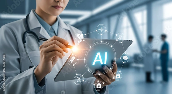 Obraz AI in Medicine: A medical professional employs cutting-edge AI technology, symbolizing advancements in healthcare through digital tools and innovations.