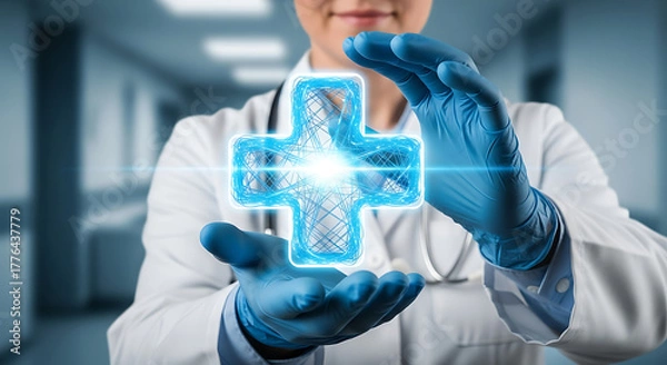 Fototapeta Health Protection in the Modern Era: A dedicated healthcare professional holds a glowing medical cross, symbolizing care, healing, and the promise of wellness. Capturing the essence of health.