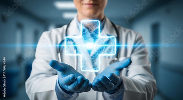 Fototapeta Healthcare's Guiding Light: A medical professional cradles a glowing cross symbol, embodying the principles of healing and hope within a modern medical environment. 
