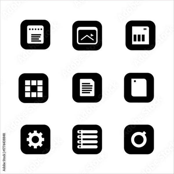 Obraz Collection of nine black square icons with white symbols for user interface, settings, and document management