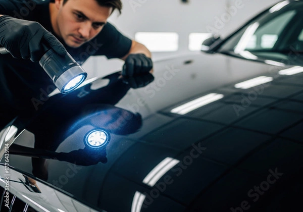 Fototapeta Male auto detailer inspecting a black car's paint with a special light in a detailing studio