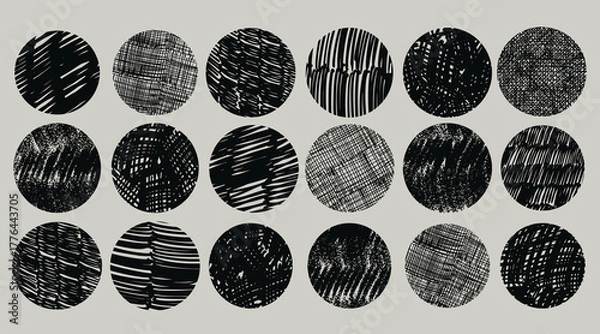 Obraz Set of abstract black round backgrounds with hand drawn doodle circles, spots, drops and curved lines. Modern trendy vector design for posters, social media icons, patterns and contemporary art.