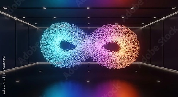 Fototapeta Infinity symbol made of glowing digital particles in a dark room