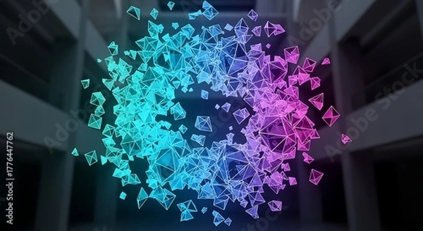 Fototapeta Exploding geometric crystal structure with neon glow