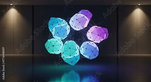 Fototapeta Abstract glowing cluster of polygons and dots