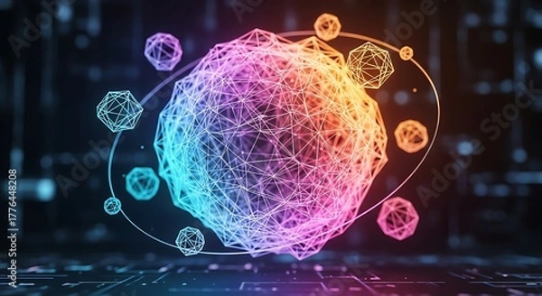 Fototapeta Abstract colorful glowing molecule structure with orbiting particles