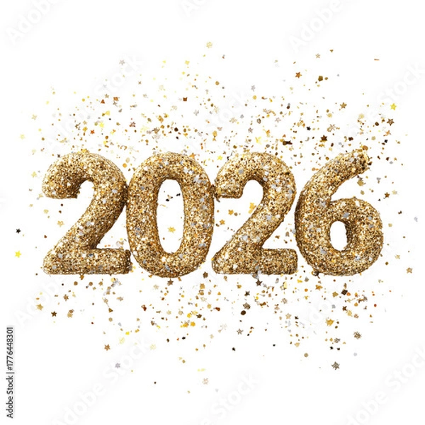 Fototapeta Golden glitter 2026 numbers sparkle with confetti festive new year celebration concept isolated on transparent background
