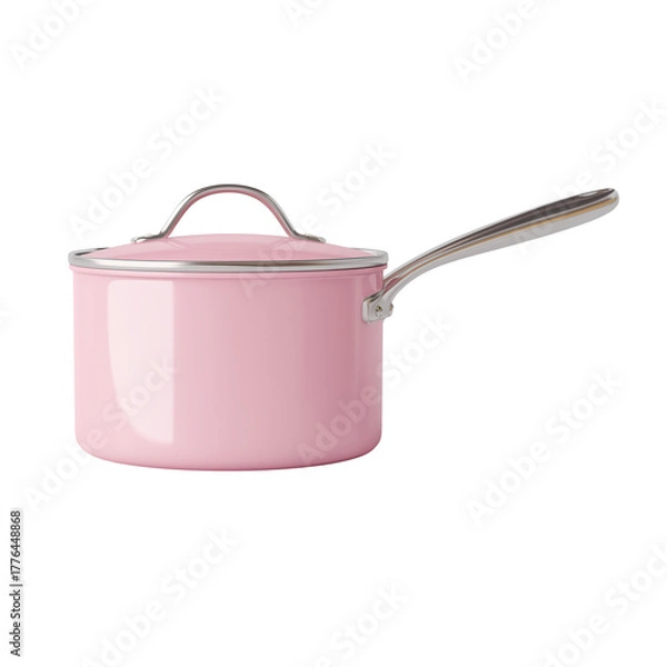 Fototapeta Stylish pink saucepan with lid and silver handle for modern kitchen cooking preparation isolated on transparent background