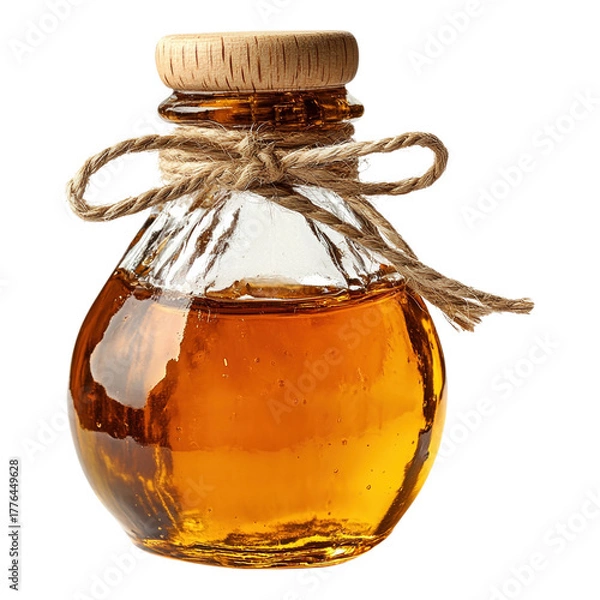 Obraz Glass jar filled with amber liquid and natural cork lid on transparent background