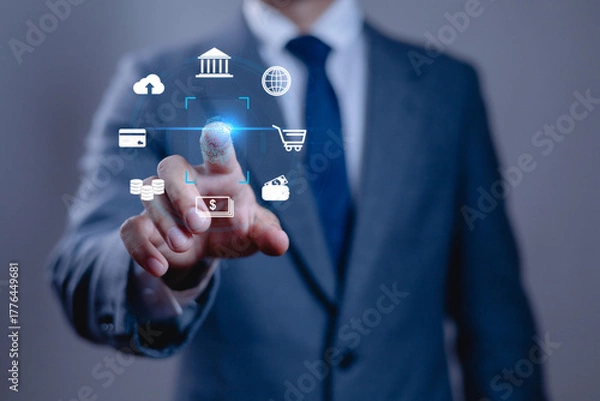 Fototapeta Businessman using fingerprint authentication to access digital banking and online payment icons, representing fintech security, biometric technology, and modern financial innovation.