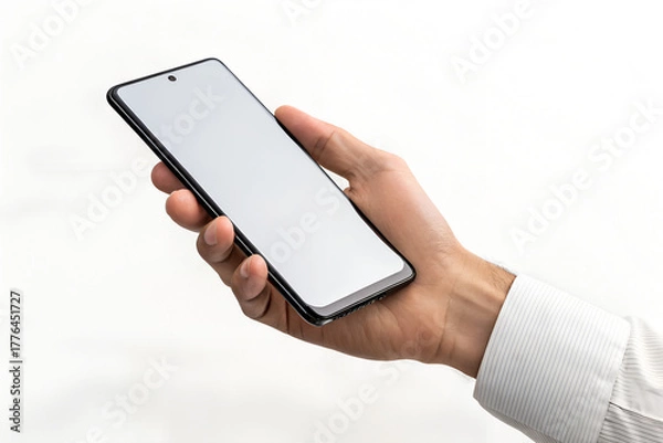 Fototapeta Hand Holding Smartphone with Blank Screen on White Background  
