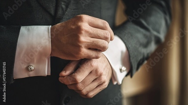 Obraz 79. Groom adjusting cufflinks before ceremony
