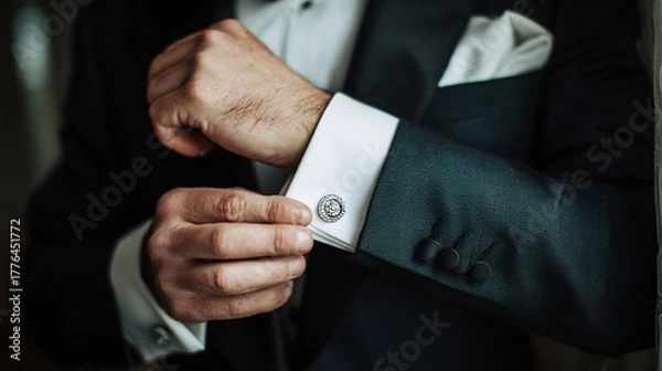 Obraz 79. Groom adjusting cufflinks before ceremony
