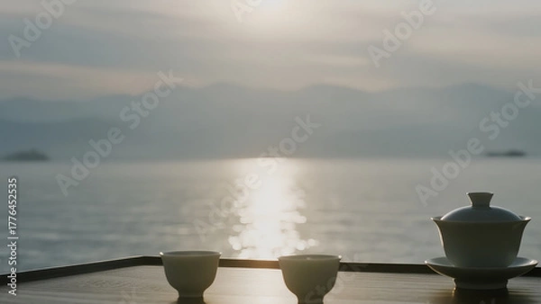 Obraz tea table and porcelain cup floating on still ocean