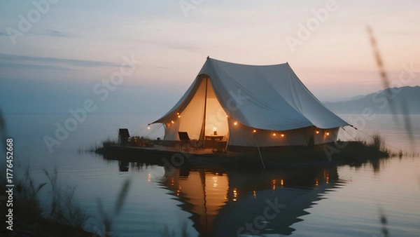 Obraz white tent softly floating on calm water, interior warm fairy lights