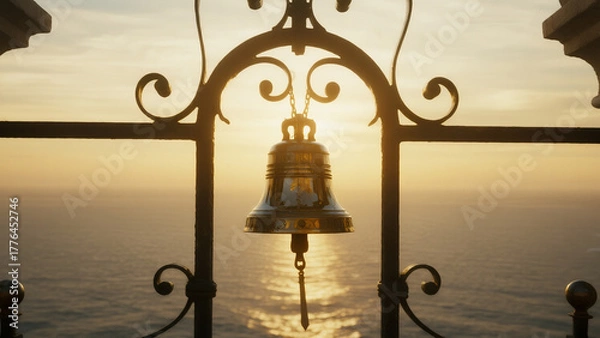 Obraz  lone bell hanging from delicate frame above ocean