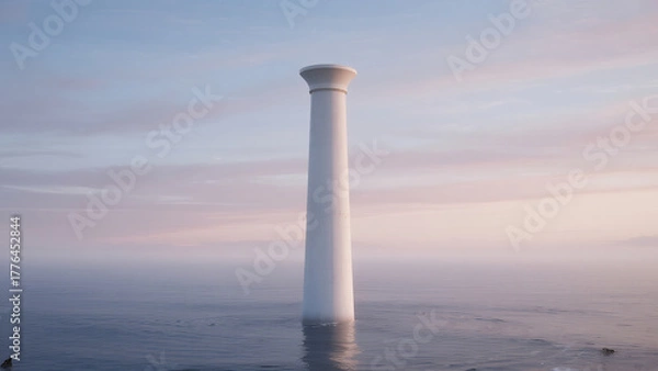 Obraz tall white column rising from calm ocean, pastel sky
