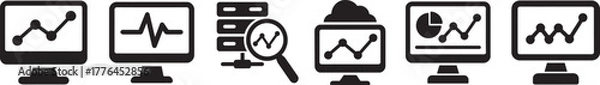 Fototapeta Monitoring icon set in bold silhouette style for data analysis, system, and security design.