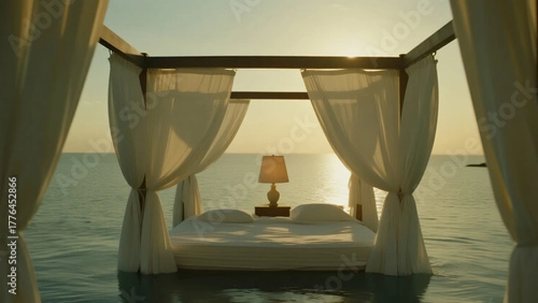 Obraz cinematic realistic bed drifting on calm sea, white curtains blowing gently, warm bedside lamp glowing soft
