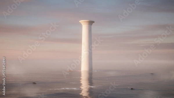 Obraz tall white column rising from calm ocean, pastel sky