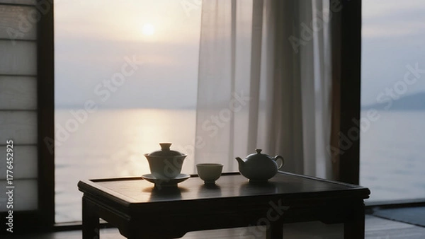 Obraz tea table and porcelain cup floating on still ocean