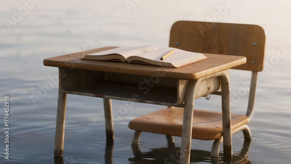 Obraz old wooden school desk floating on calm sea, open notebook, pencil resting